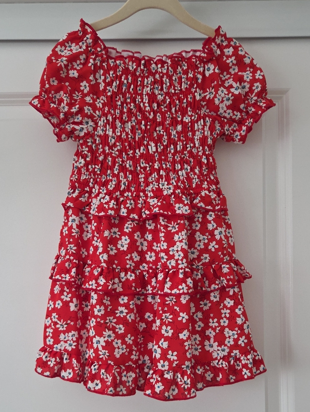 Truly Me Red Floral Smocked Tiered Dress